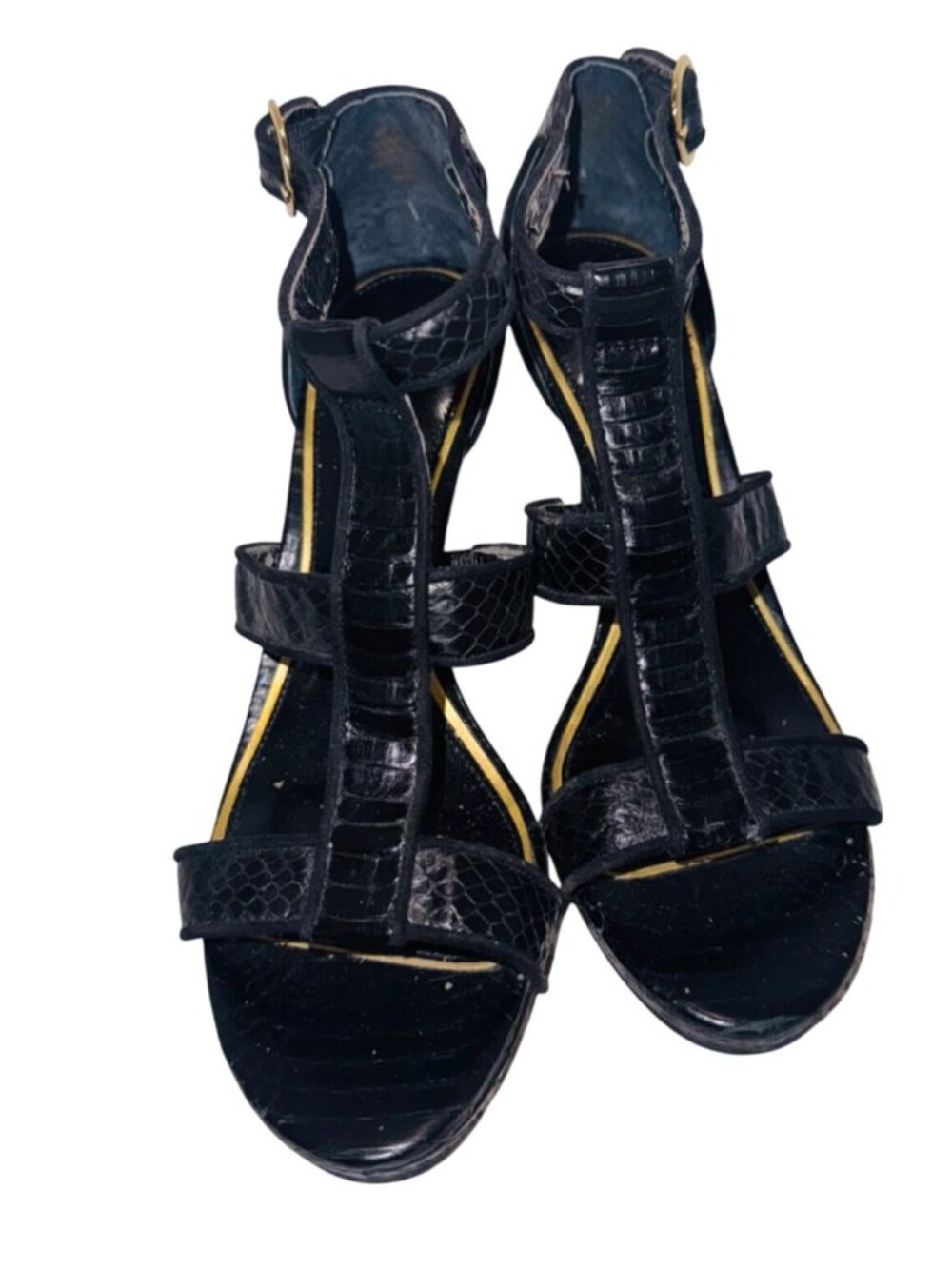 Lauren Ralph Lauren Black Crocodile Embossed Strappy Heels With Gold Buckle 8.5